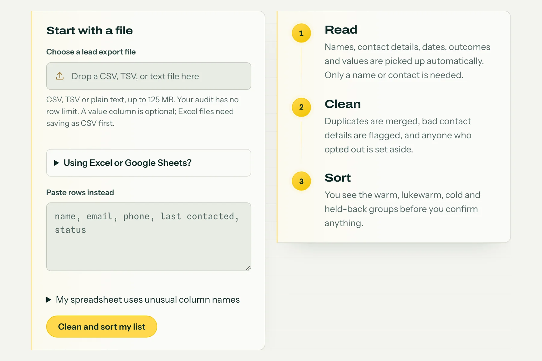 Actual LRD upload screen: Start with a file, a drop zone for CSV, TSV or text, a paste box, and three steps: Read, Clean and Sort.