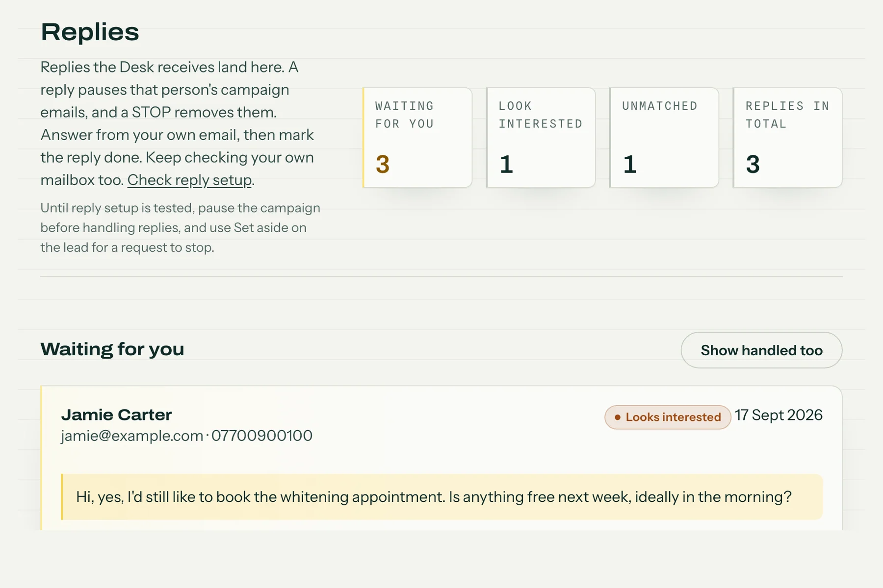 Actual LRD replies page with counts for waiting, interested, unmatched and total replies, and an example reply from Jamie Carter marked Looks interested, asking to book the whitening appointment.